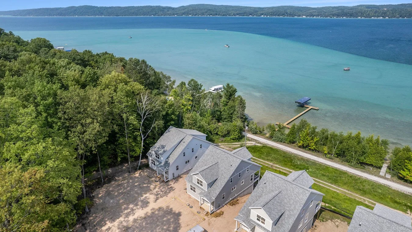 Aerial view of the Sunkissed Hills lakefront lots on Crystal Lake in Frankfort, Michigan